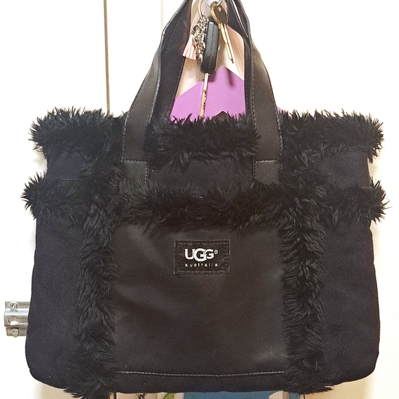 UGG Australia Black Suede leather Shearling Sherpa Sheepskin TopHandle Tote Hand - Picture 3 of 14